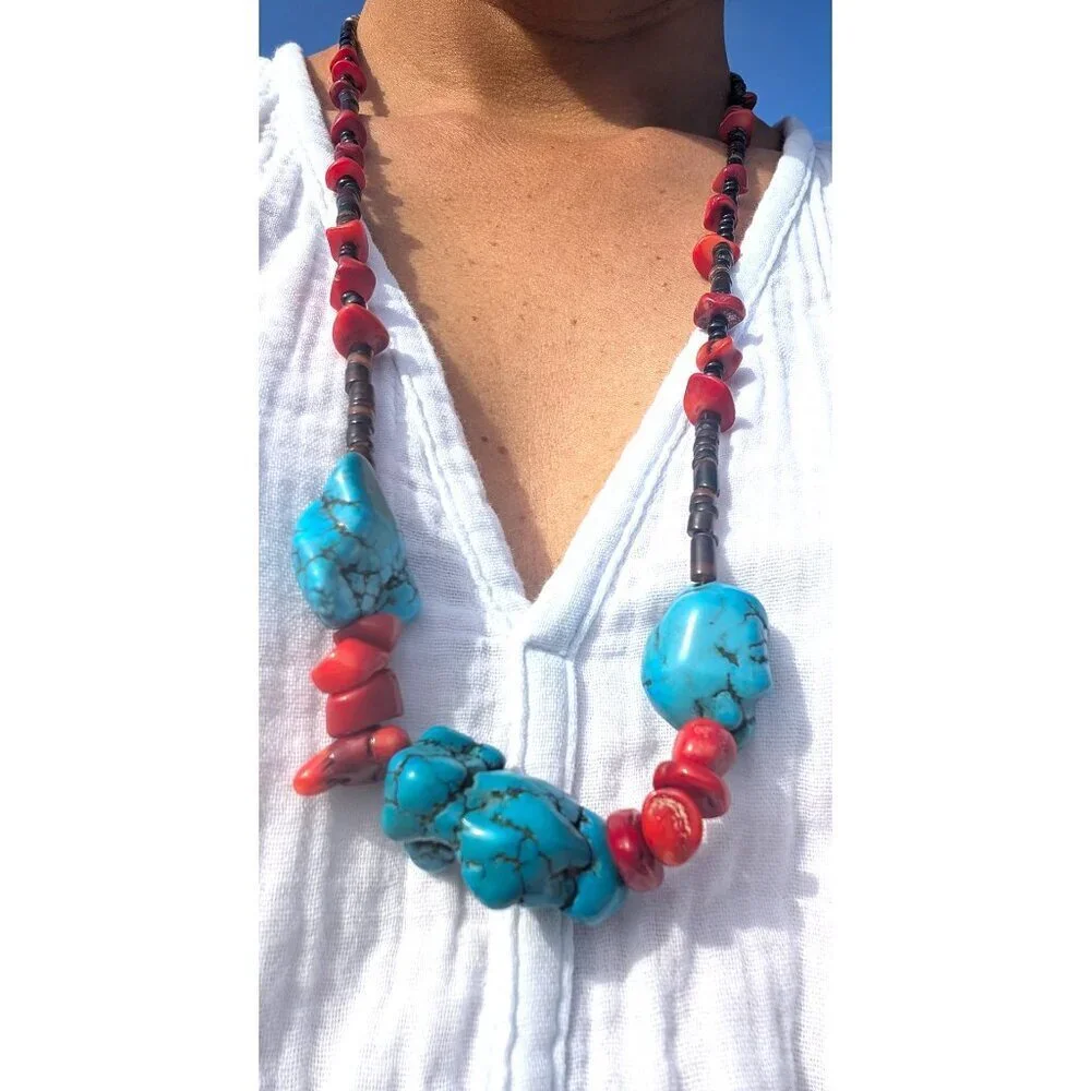 Vtg Turquoise & Red Coral Necklace Native American Style Silver Tone Handmade